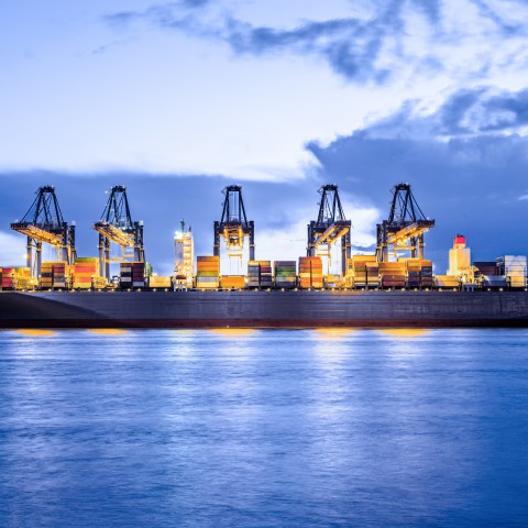 Portiques de chargement au-dessus d’un porte-conteneurs dans un terminal portuaire